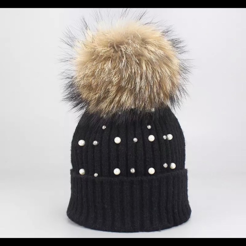 Jet black wool pearl embellished genuine fur hat